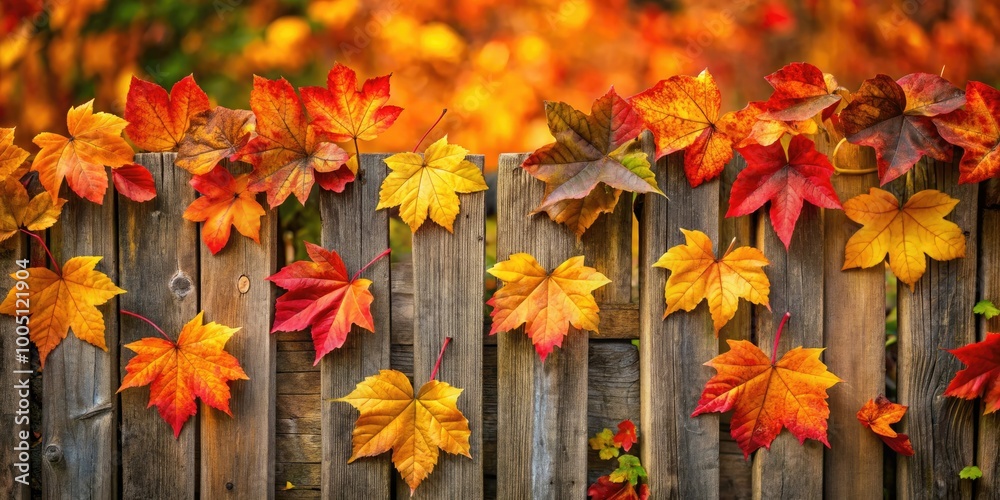 Obraz premium Vibrant autumn leaves in shades of orange, yellow, and red scatter across a rustic wooden fence, evoking a cozy and inviting October atmosphere.