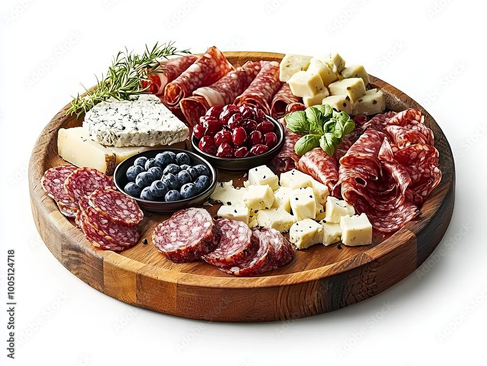 Delicious assorted meats and cheeses served on a wooden platter. Delicious assorted meats and cheeses served on a wooden platter.