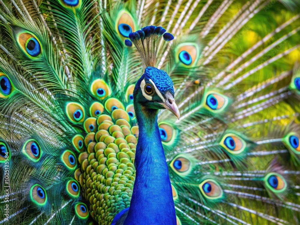 Obraz premium Vibrant blue and green feathers glisten in the sunlight as a majestic peacock proudly displays its stunning plumage, spreading its vibrant tail feathers wide.