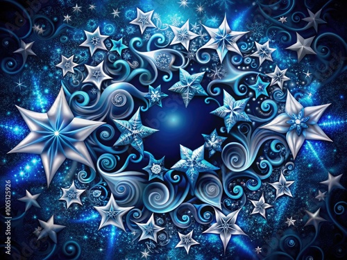Vibrant blue and silver star-shaped design elements swirl together in a mesmerizing pattern, evoking a sense of celestial wonder and magic on a dark background.