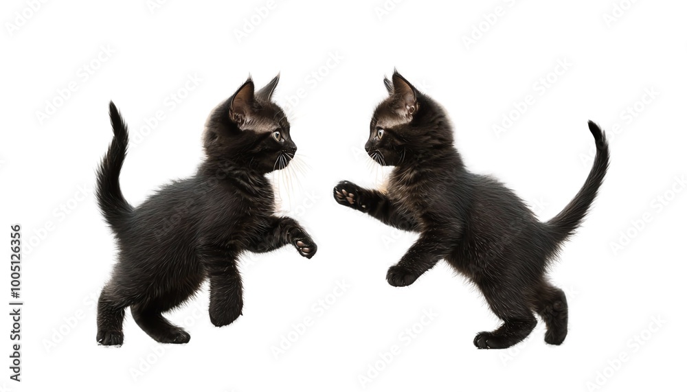 Two playful black kittens facing each other on a white isolated background. Two playful black kittens facing each other on a white isolated background.
