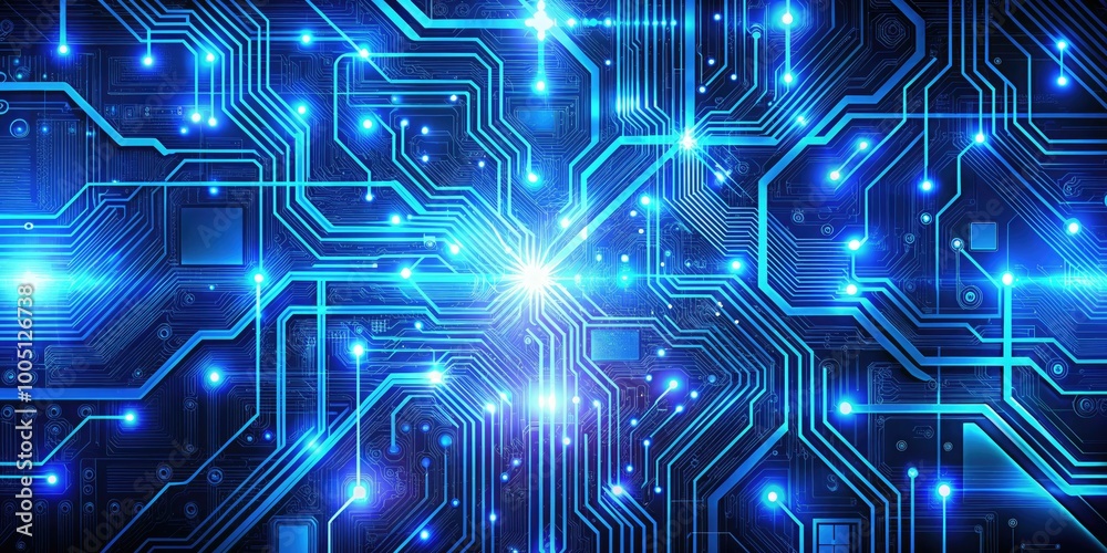 Vibrant blue futuristic digital grid with abstract circuit board patterns, neon lights, and microchip details, ideal for tech, innovation, and industry-themed designs. Vibrant blue futuristic digital grid with abstract circuit board patterns, neon lights, and microchip details, ideal for tech, innovation, and industry-themed designs.