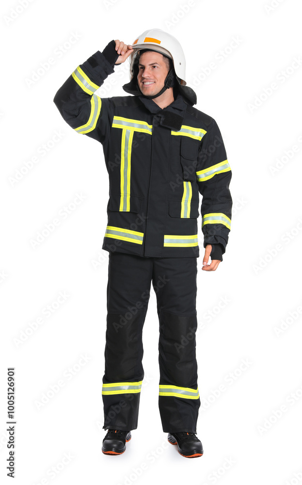Full length portrait of firefighter in uniform wearing helmet on white background Full length portrait of firefighter in uniform wearing helmet on white background