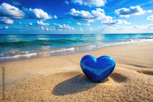 Vibrant blue heart-shaped stone rests alone on a serene, sun-kissed beach, surrounded by soft, golden sand and gentle waves caressing the shoreline.