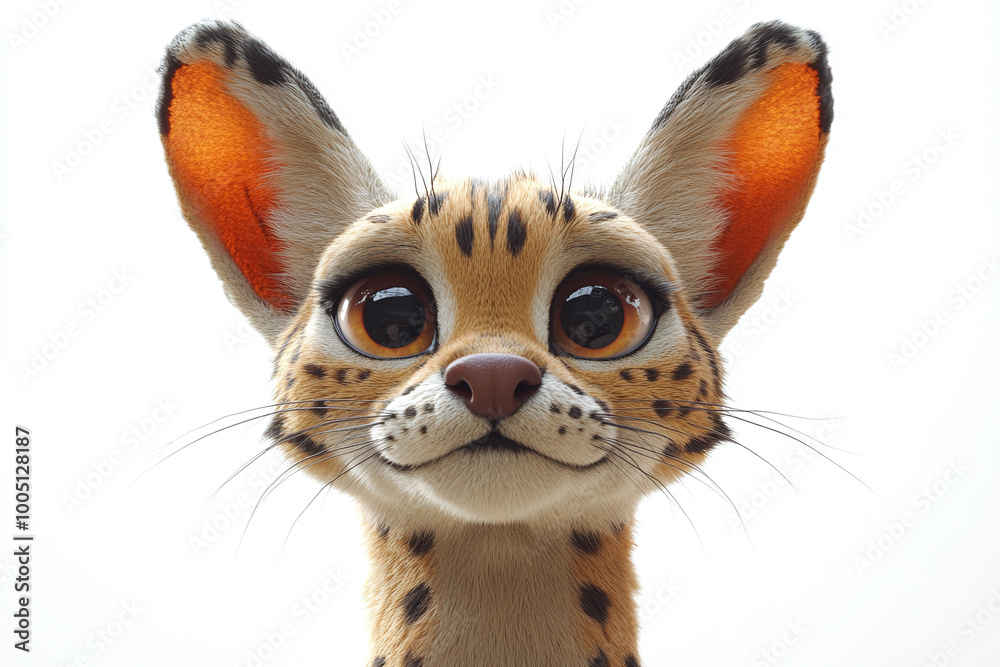 Cute Serval: A serval cat with its large ears listening intently against a white background Cute Serval: A serval cat with its large ears listening intently against a white background