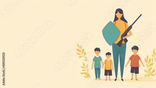 A strong woman stands protectively with a rifle and shield, accompanied by two children, depicting security and resilience.