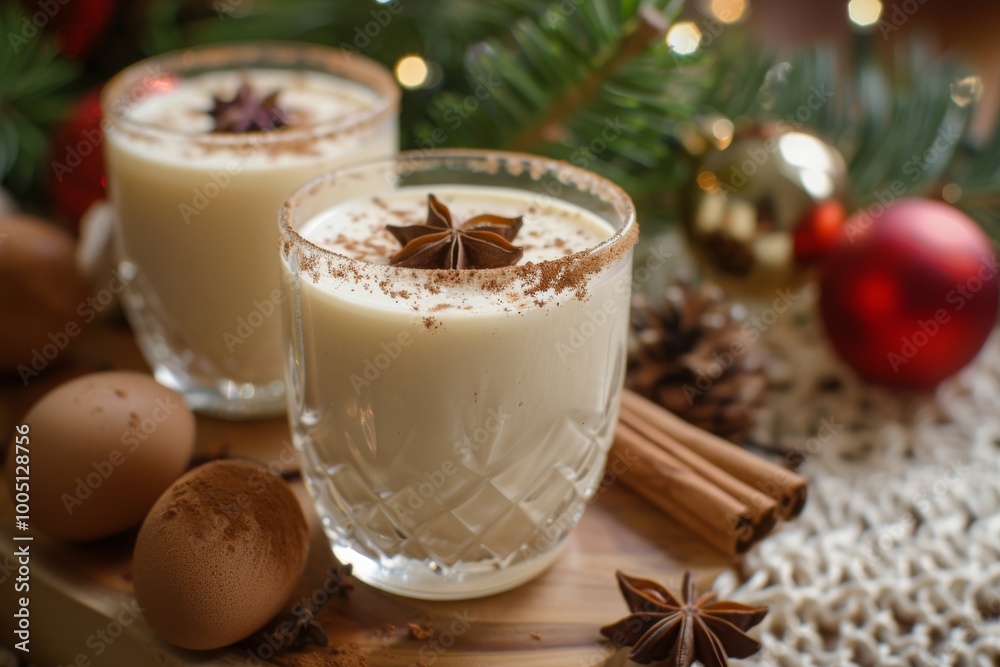 Fresh eggnog with cinnamon and nutmeg for christmas holiday. Fresh eggnog with cinnamon and nutmeg for christmas holiday.