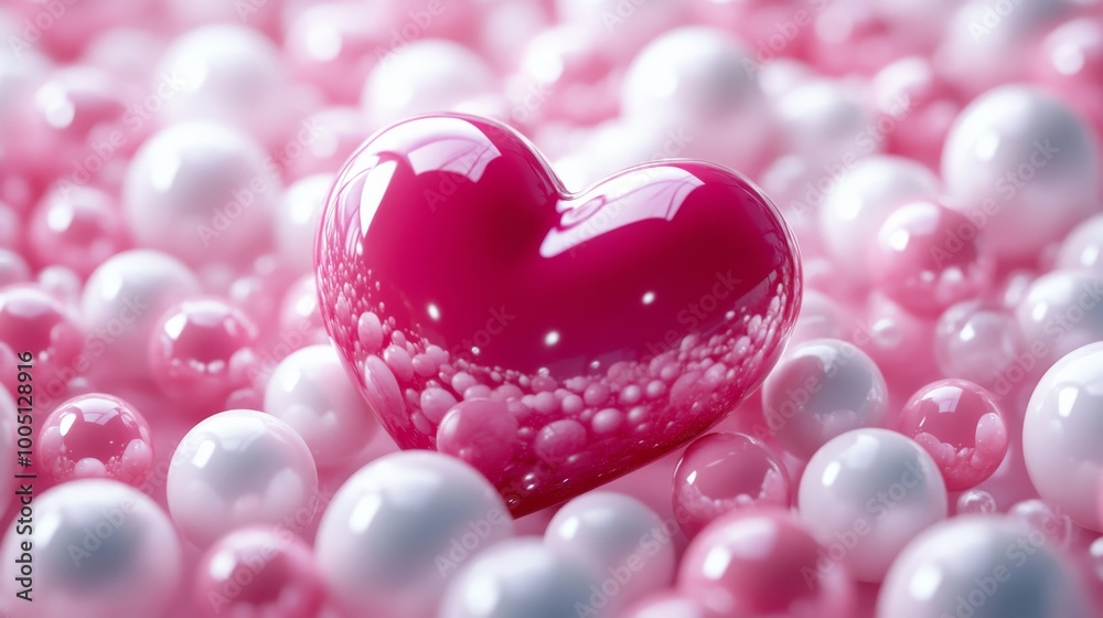 Fototapeta premium Pink heart surrounded by glossy bubbles, romantic concept