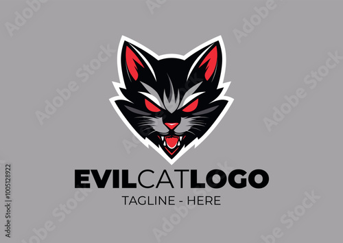 A cartoon-style logo of a stylized cat in vector format. Evil cat head with soft lines and dynamic curves.