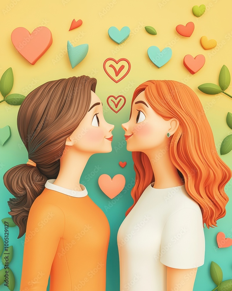 A colorful illustration of two women gazing affectionately, surrounded by hearts and leaves, celebrating love and friendship. A colorful illustration of two women gazing affectionately, surrounded by hearts and leaves, celebrating love and friendship.
