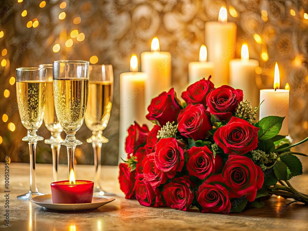 Obraz premium Vibrant bouquet of red roses, candles, and champagne fill a romantic dinner setting, surrounded by soft golden lighting and elegant lace tablecloth, evoking warm celebratory ambiance.