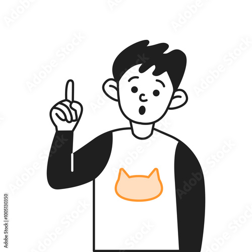 Surprised boy finding problem solution vector line icon. Child raising finger having creative character illustration on white background