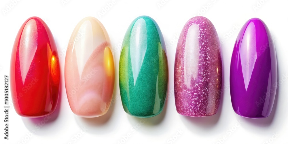 Vibrant close-up of variously shaped artificial nail tips, including square, round, oval, and stiletto, against a clean white background with subtle shadowing. Vibrant close-up of variously shaped artificial nail tips, including square, round, oval, and stiletto, against a clean white background with subtle shadowing.