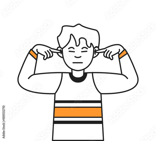 Young man covering ears with fingers not wanting to listen vector line icon. Male student expresses irritation with gestures character illustration