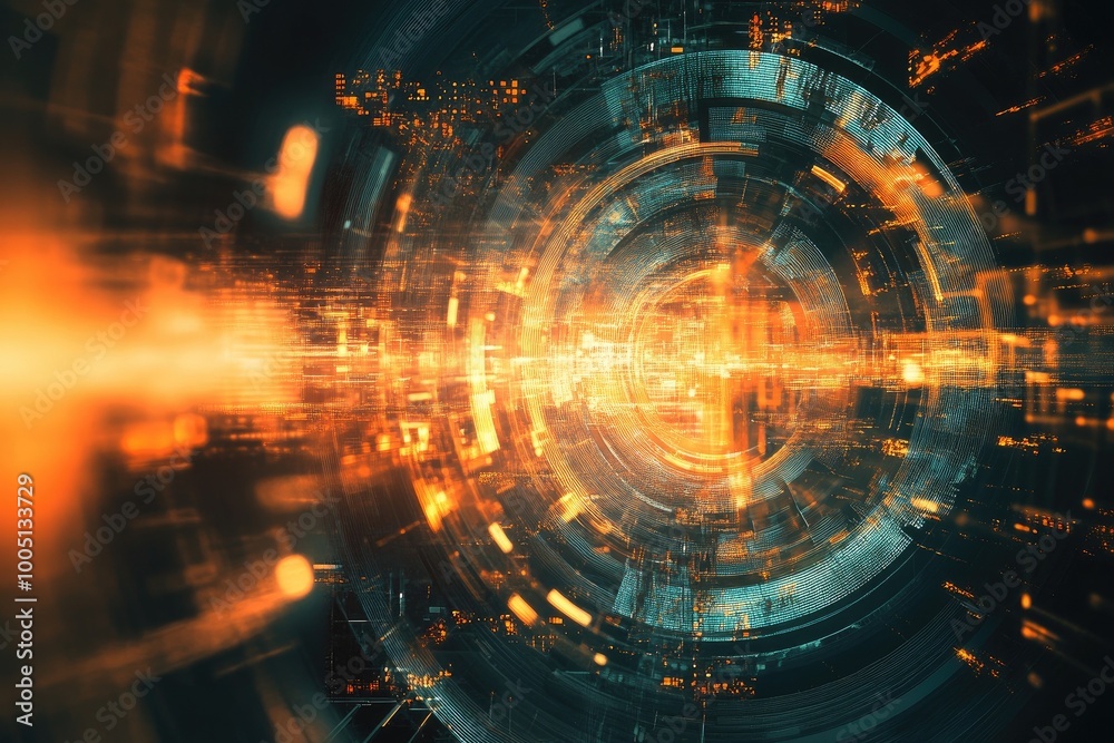 Fototapeta premium Abstract digital art with vibrant orange and blue hues, creating a futuristic, dynamic visual effect reminiscent of technology.