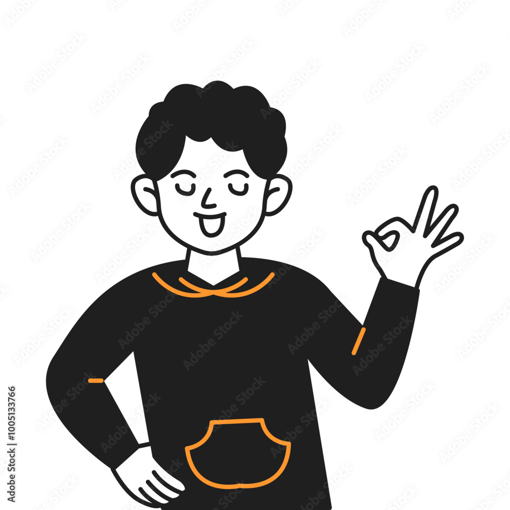 Cheerful boy shows OK gesture expressing satisfaction vector line icon. Smiling child character illustration on white background sticks Cheerful boy shows OK gesture expressing satisfaction vector line icon. Smiling child character illustration on white background sticks