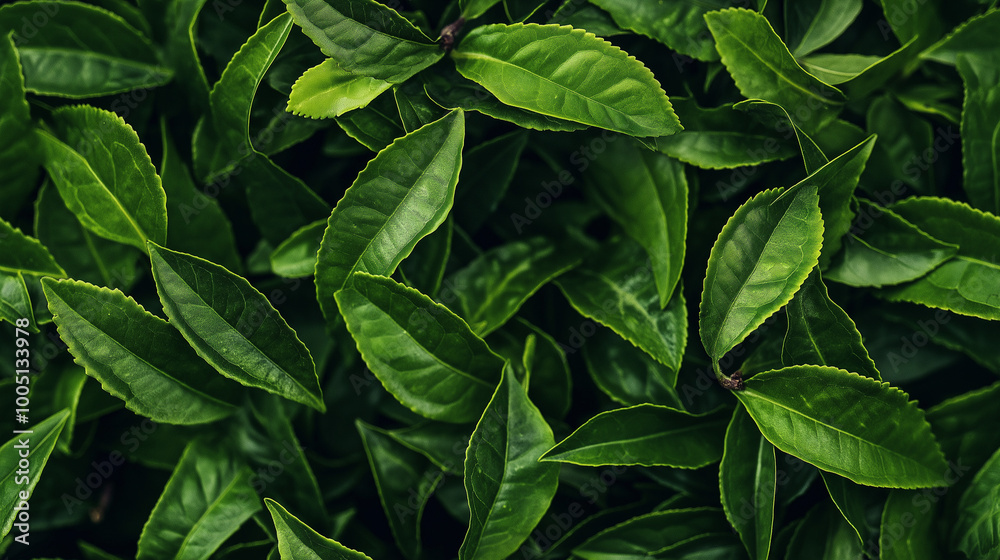 Obraz premium a close-up, top-down view of green tea leaves, filling the entire frame with the focus on the dark green, crinkled, and twisted tea leaves