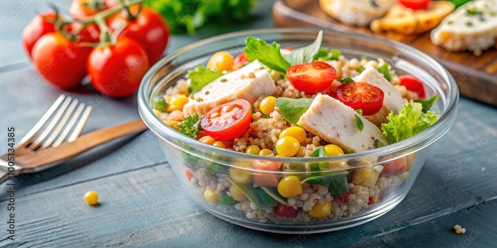 A healthy chicken and quinoa salad with corn and tomatoes served in a plastic-free bowl for eco friendly A healthy chicken and quinoa salad with corn and tomatoes served in a plastic-free bowl for eco friendly