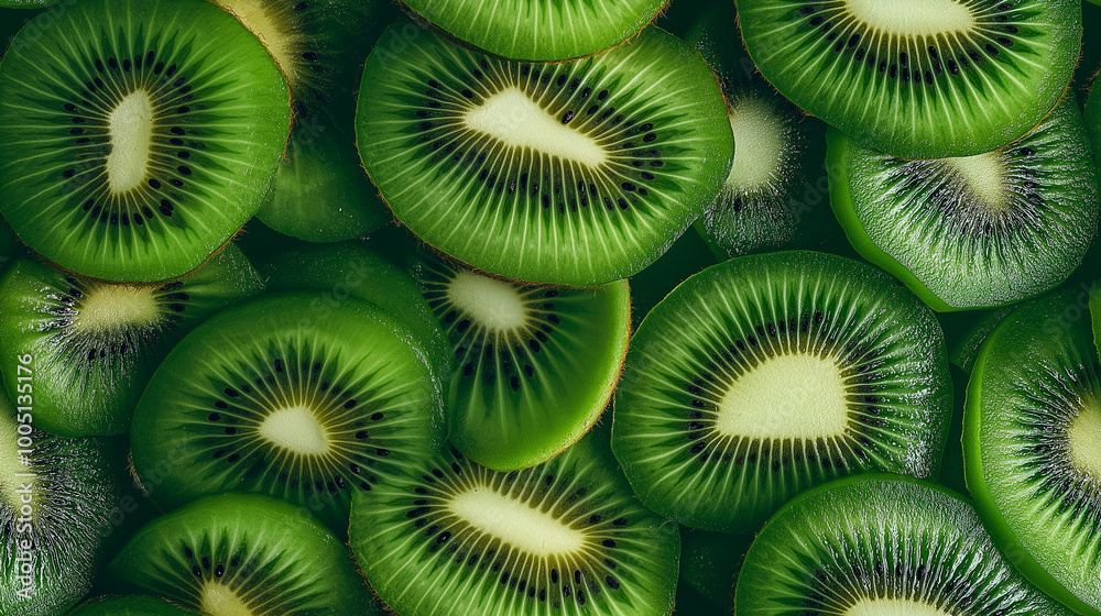 a close-up, top-down view of sliced kiwi spread across the entire frame, filling the image with their vibrant green color and speckled texture in thin, uniform slices