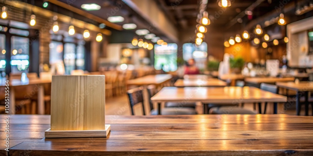 Mockup of product display on wooden table in blurred restaurant background, mockup, product, display, wooden table Mockup of product display on wooden table in blurred restaurant background, mockup, product, display, wooden table