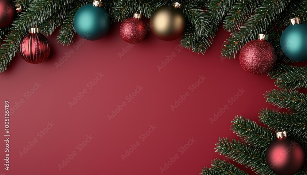 Christmas ornaments and pine branches on a red background. Christmas ornaments and pine branches on a red background.