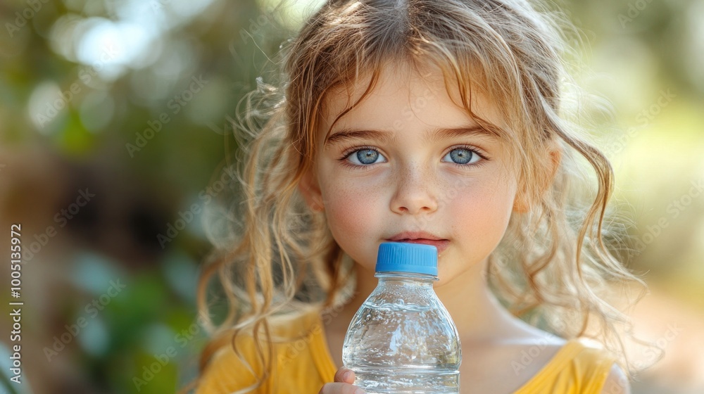 A young girl holding a water bottle outdoors, looking at the camera. A young girl holding a water bottle outdoors, looking at the camera.