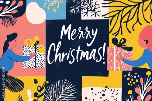 merry Christmas banner with Two people joyfully exchange colorful presents decorated with bows against a vibrant background filled with festive patterns and seasonal elements celebrating Christmas photo