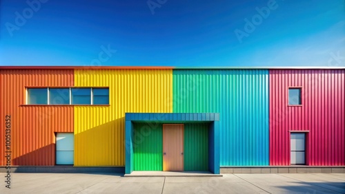 Minimalistic colorful building against blue sky, minimalist, colorful, building, exterior, blue sky, background