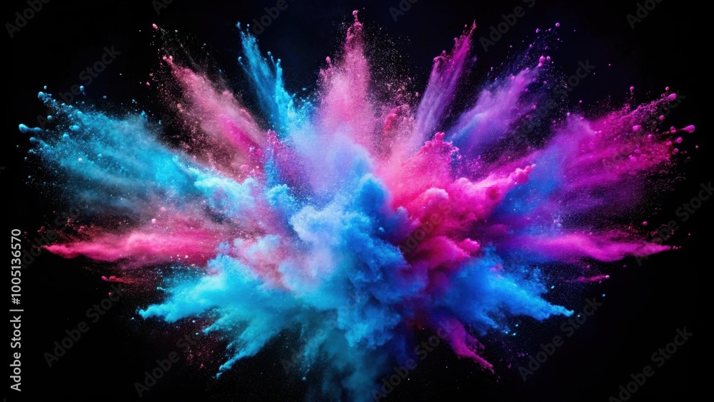 Explosion of colorful powder in violet and blue on black background, Colorful, powder, dust, violet, blue Explosion of colorful powder in violet and blue on black background, Colorful, powder, dust, violet, blue