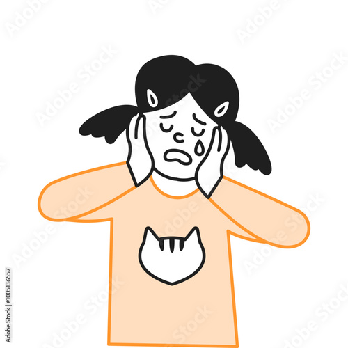 Crying preteen girl touching face with hands vector line icon. Upset kid copes with negative emotions character illustration on white background
