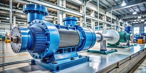 Asynchronous industrial electric motor powering a chemical centrifugal pump in a manufacturing plant photo