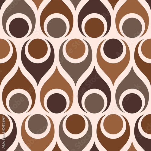 Retro midcentury Atomic teardrops circles brown Vector pattern. Atomic Era style bold retro geometrics mosaic in monochrome brown seamless pattern.