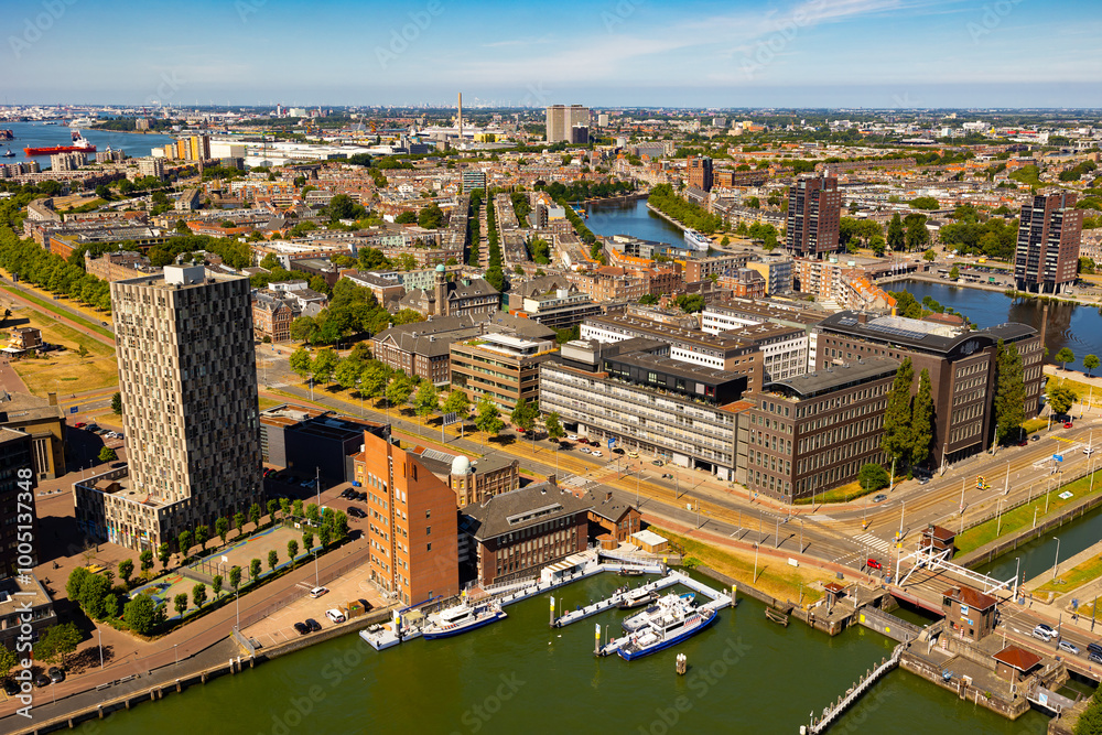 Fototapeta premium Aerial view of Delfshafen district - a perfectly preserved corner of old Rotterdam on the right bank of the New Meuse River, ..Netherlands
