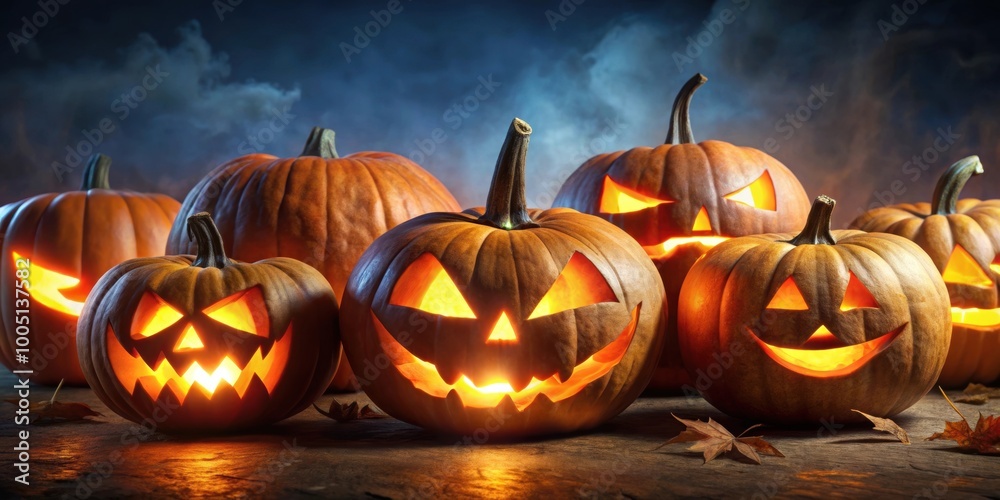 Glowing evil pumpkins with sinister smiles in the dark on Halloween night, Halloween, horror, evil, pumpkins, glowing, dark, spooky Glowing evil pumpkins with sinister smiles in the dark on Halloween night, Halloween, horror, evil, pumpkins, glowing, dark, spooky