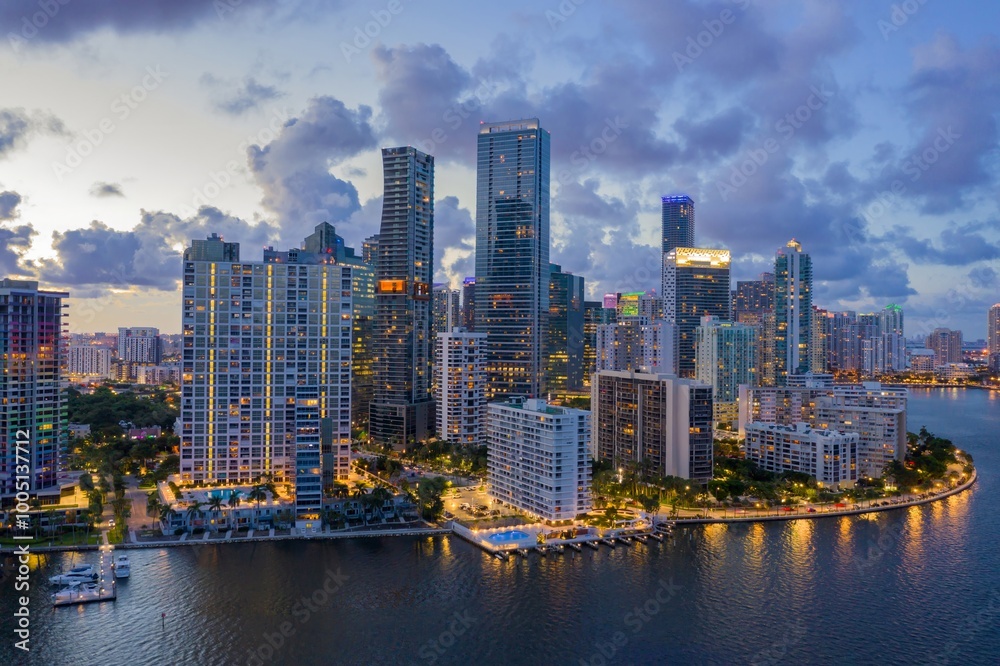 Fototapeta premium Downtown Miami waterfront, buidings and condos at night, Florida, United States.