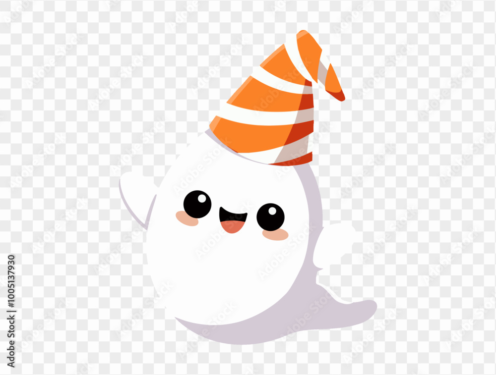 Happy cute ghost wearing party hat isolated on png or transparent background,Halloween party banner. vector Happy cute ghost wearing party hat isolated on png or transparent background,Halloween party banner. vector
