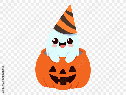 Happy cute smile ghost wearing party hat in halloween pumpkin isolated on png or transparent background,Halloween party banner. vector