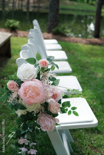 wedding bouquet on chairs