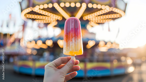 Hand gripping a frosty popsicle with gradient colors, warm sunset over a blurred carnival in the background photo