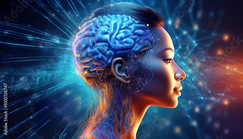 A futuristic depiction of a human head with a glowing brain, symbolizing advanced neural connections and the fusion of technology and human potential.