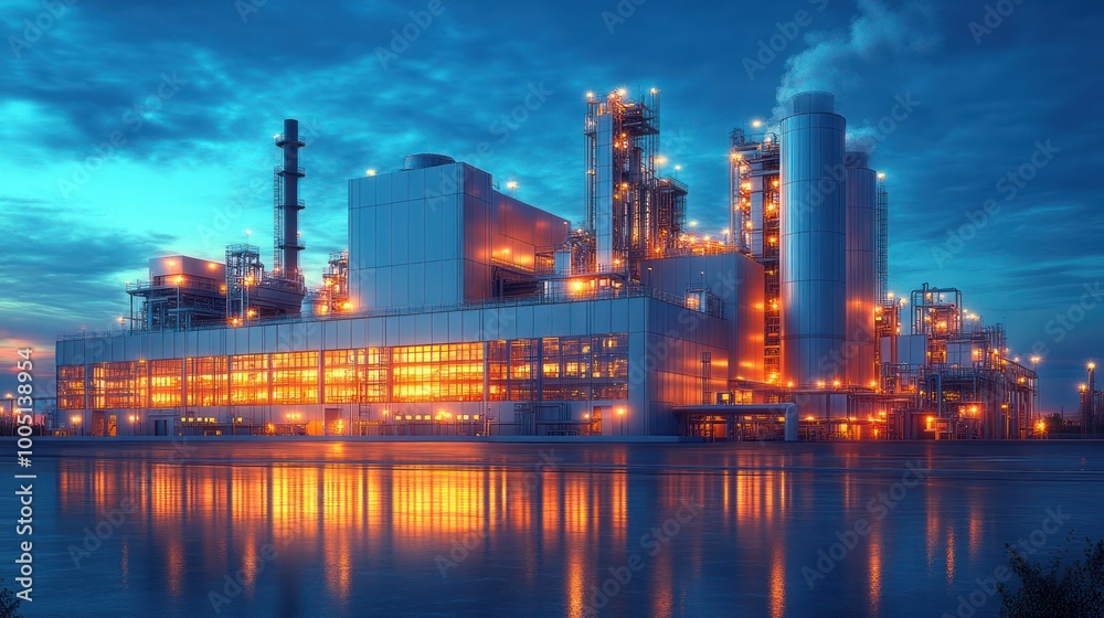 Industrial facility illuminated at dusk near a reflective water body. Industrial facility illuminated at dusk near a reflective water body.
