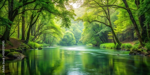 Serene river flowing through lush green forest, nature, landscape, creek, trees, peaceful, tranquil, outdoors, wilderness