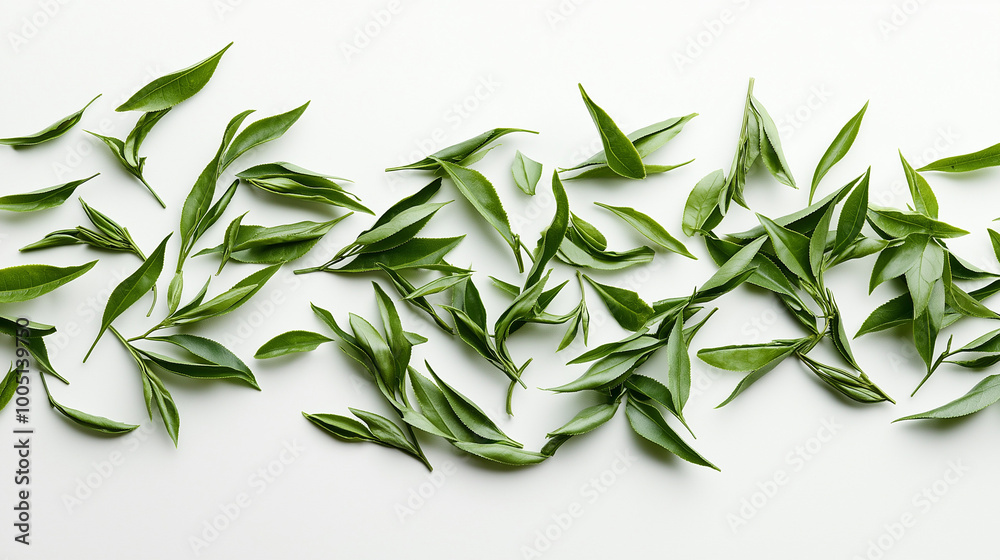 Fototapeta premium green tea leaves loose and deep green, scattered naturally across a white background