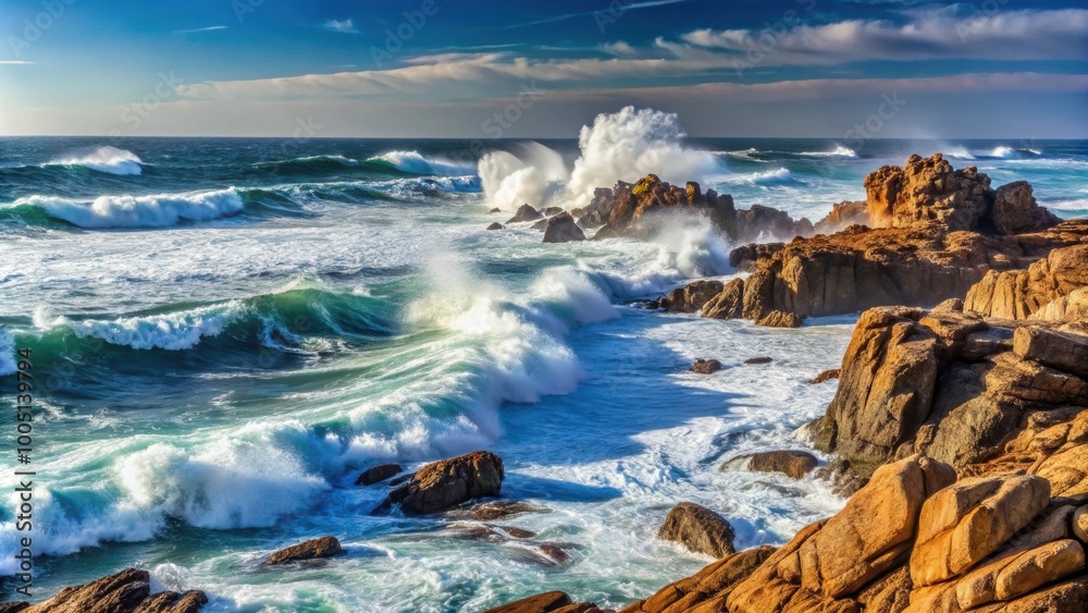 Obraz premium Rocky coastline with powerful waves , ocean, rocks, cliffs, dramatic, surf, nature, seascape, rugged, shoreline, waves, crashing