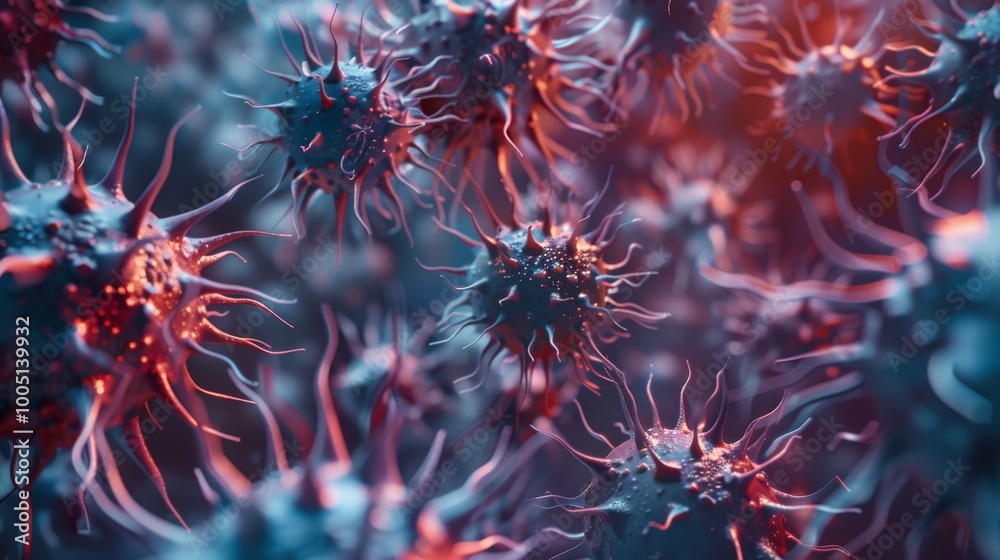 3D render of multiple viruses floating in a liquid environment 3D render of multiple viruses floating in a liquid environment