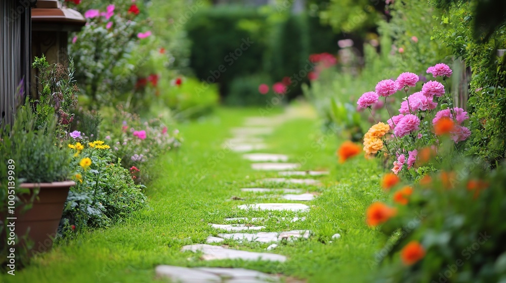 Serene Garden Pathway with Lush Blooms and Greenery