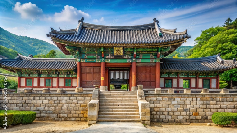 Traditional Korean Confucian academy with stone walls and ornate gate in Andong, South Korea , Korean, Confucian Traditional Korean Confucian academy with stone walls and ornate gate in Andong, South Korea , Korean, Confucian