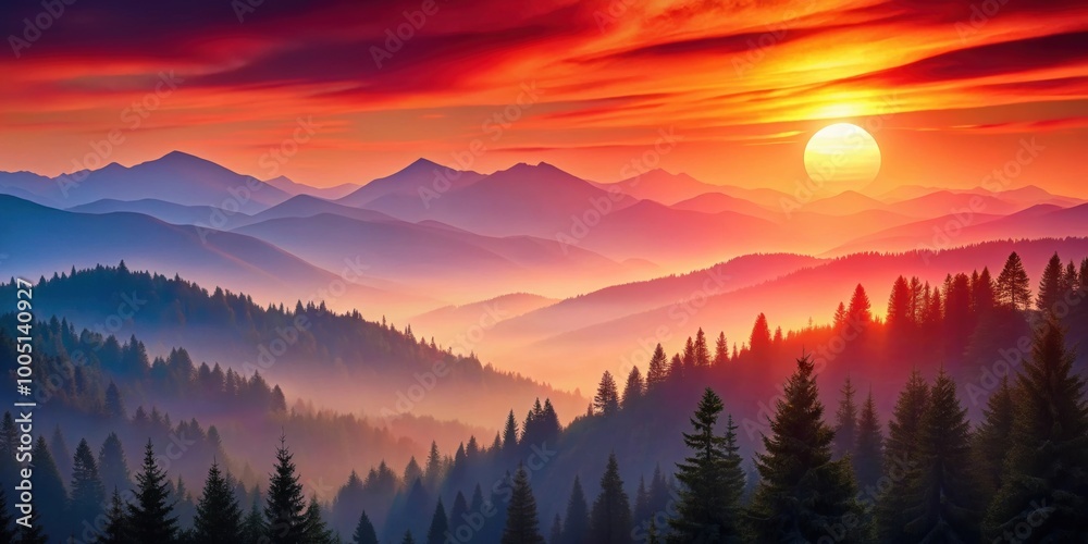 Obraz premium Colorful of mountains, trees, and a red sun in the background, mountains, trees, red sun, nature, landscape, vivid, vibrant