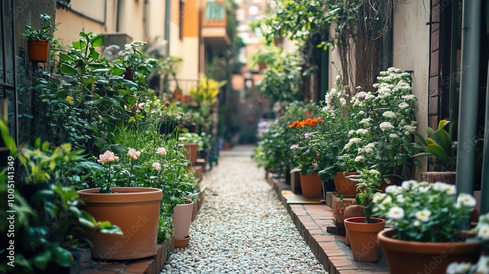 Naklejka premium Serene Garden Pathway with Colorful Flowers and Greenery