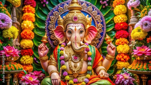 Vibrant colors surround a serene Lord Ganesha idol, adorned with flowers and jewelry, sitting peacefully on a richly ornamented throne with intricate carvings.